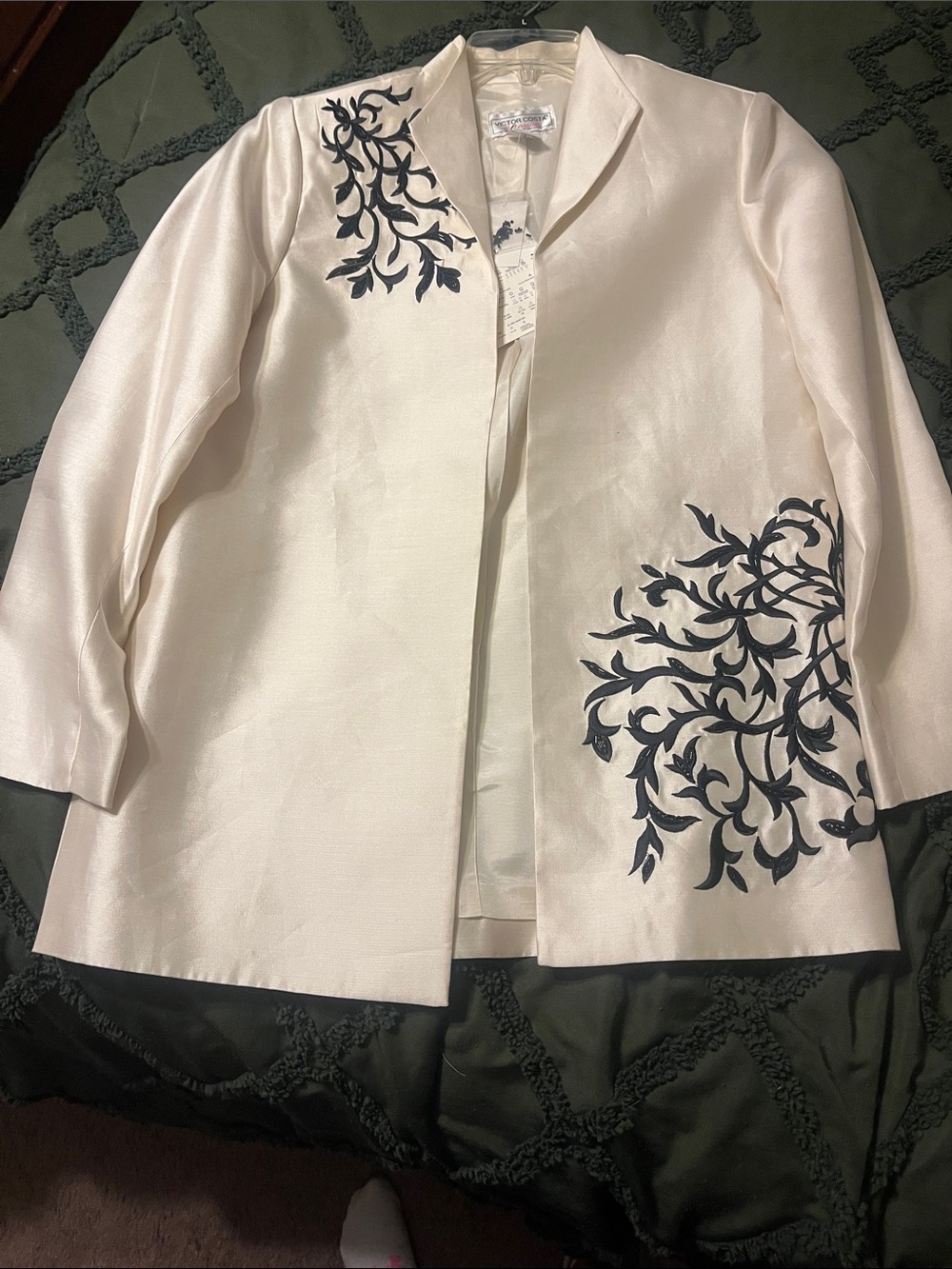 Victor Costa Ivory Satin Open-Front Jacket with Black Embroidery